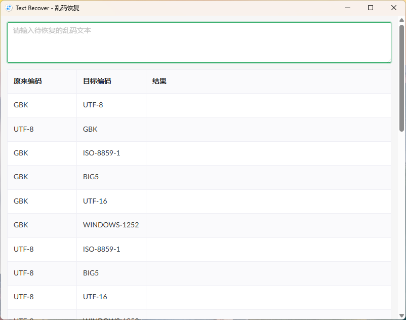 Text Recover文件乱码修复工具，用于恢复乱码字符串，gihub开源项目 使用 Tauri + Vue + NaiveUI 开发。 - github开源, JavaScript, NaiveUI