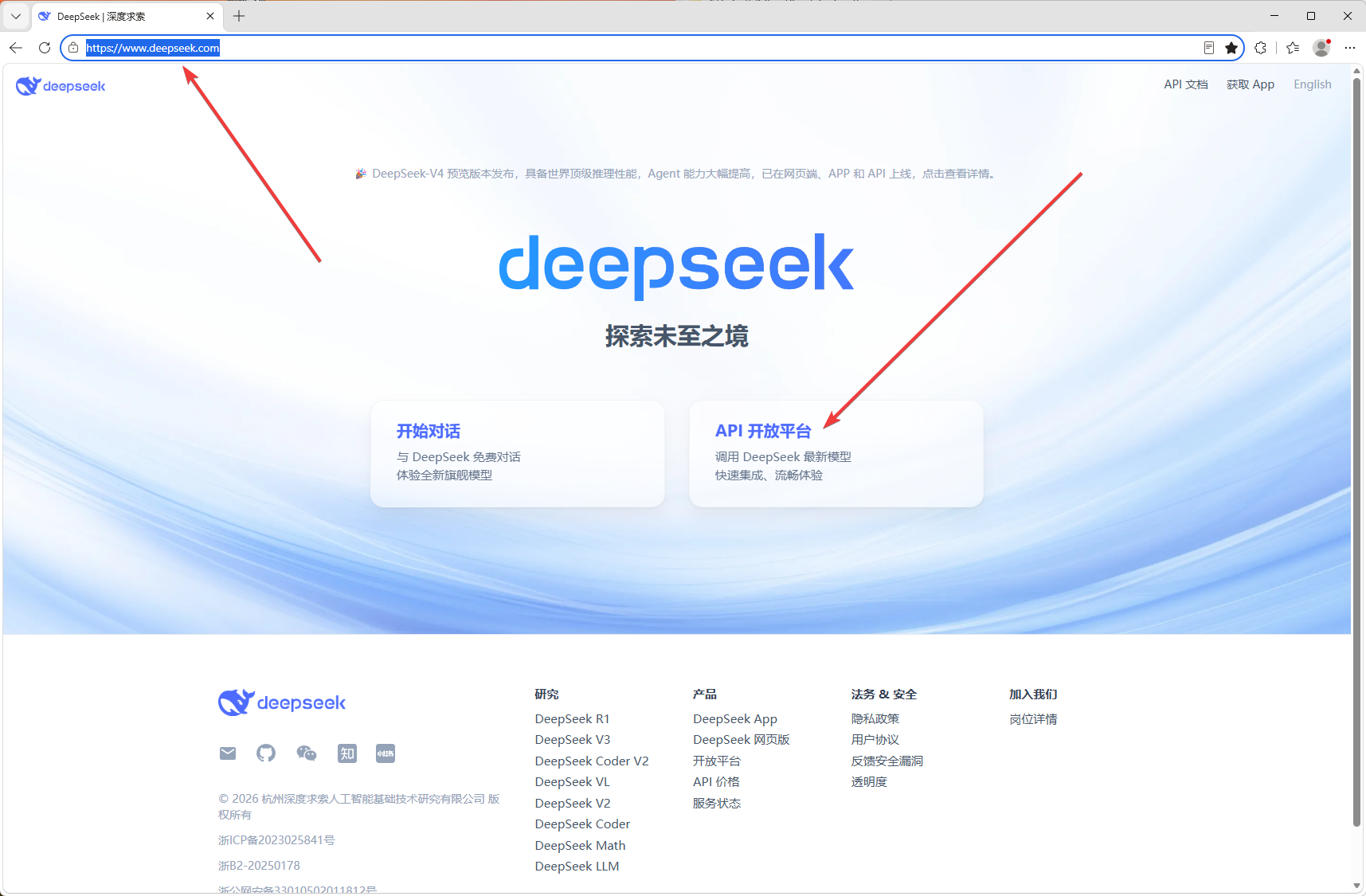 DeepSeek 官方平台首页，演示进入 API 开放平台的位置