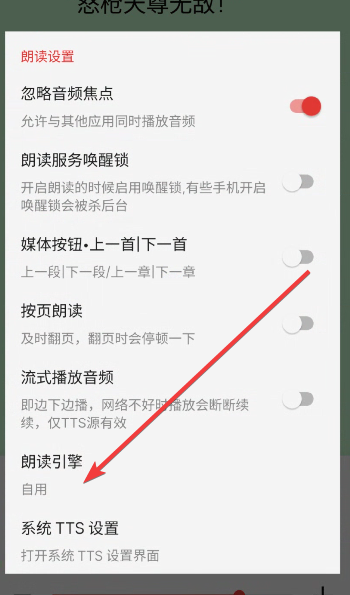 阅读App朗读引擎设置界面,展示进入朗读引擎管理的位置