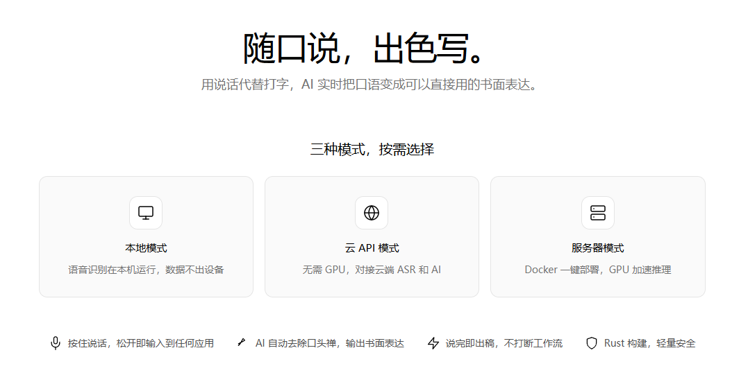 SayIt开源AI语音输入法主界面，支持语音输入和AI润色